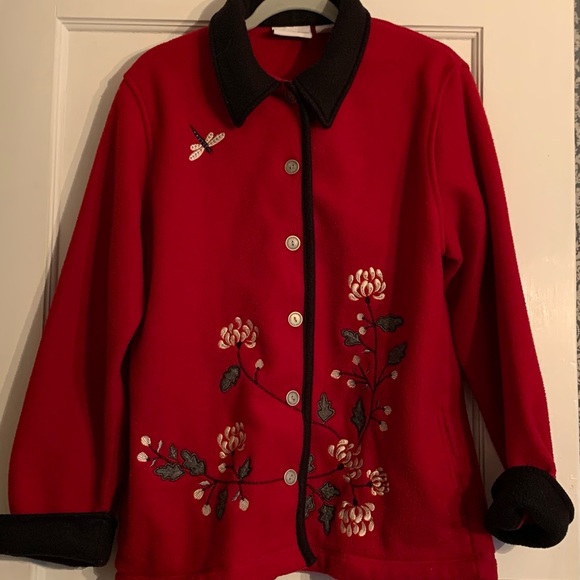 Vintage Alfred Dunner Fleece Floral Dragonfly Jacket Lightweight Silver Buttons - Picture 2 of 13